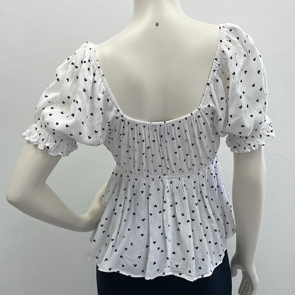 White/ Black Heart Puff Sleeve Top - Picture 3 of 15
